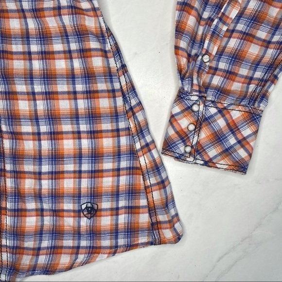 Ariat Blue Orange Plaid Embroidered Back Long Sleeve Button Down Shirt Size L - Picture 5 of 7